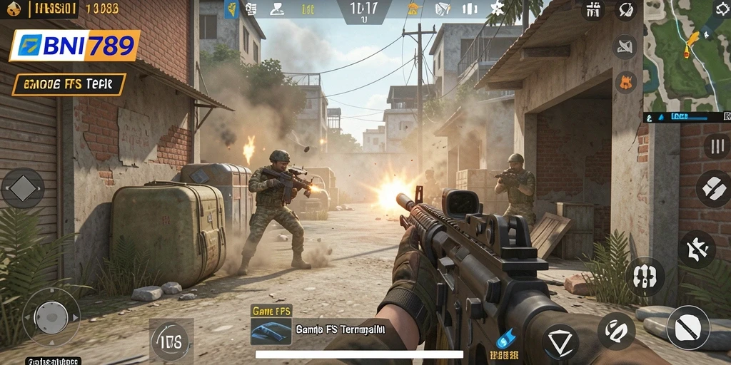 Tangkapan layar utama BNI789 menampilkan aksi tempur seru dalam mode FPS.