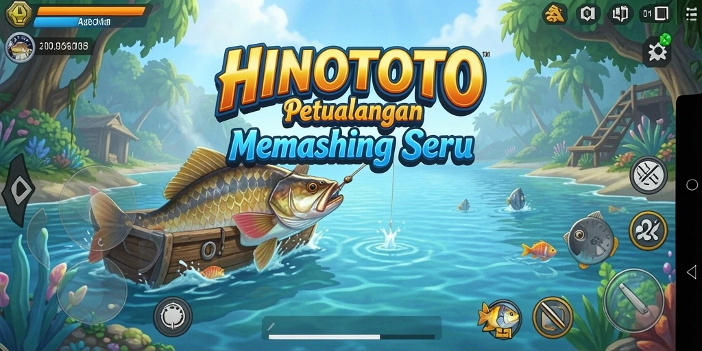 Tangkapan ikan besar dalam HINOTOTO dengan latar belakang yang indah.