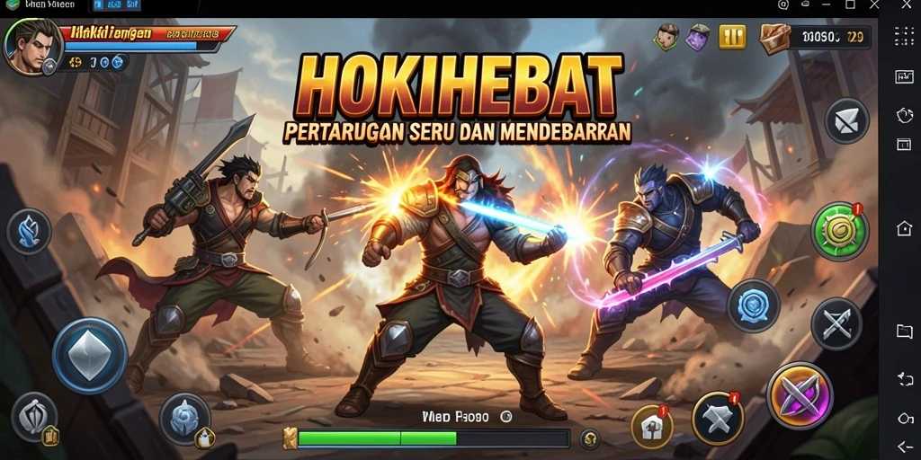 Screenshot gameplay HOKIHEBAT menampilkan pertarungan seru antara dua karakter kuat.